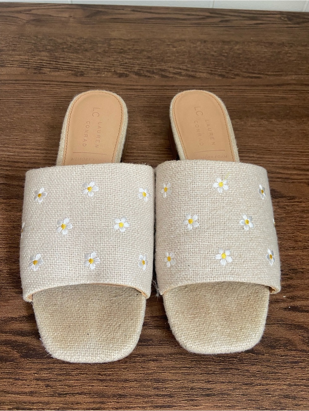 LC Lauren Conrad Beige Daisy Embroidered Slide Mules